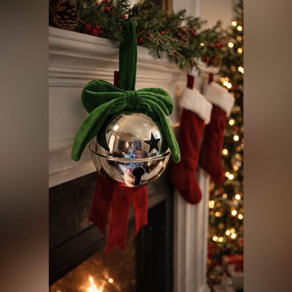 Large Christmas jingle bell silver with green velvet bow hanging decor NEW NWT